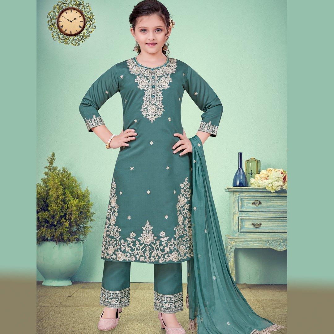 Silk Cotton Teal Blue Salwar Suit - Kumaran Silks