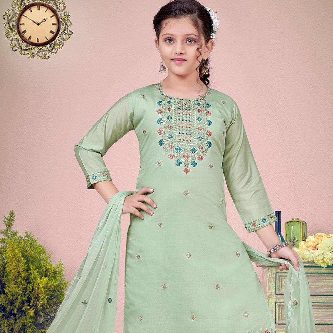 Silk Cotton Pista Green Salwar Suit 02 - Kumaran Silks