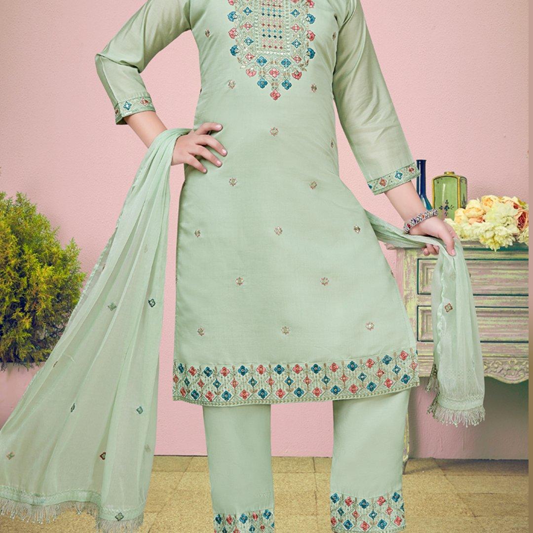 Silk Cotton Pista Green Salwar Suit 02 - Kumaran Silks