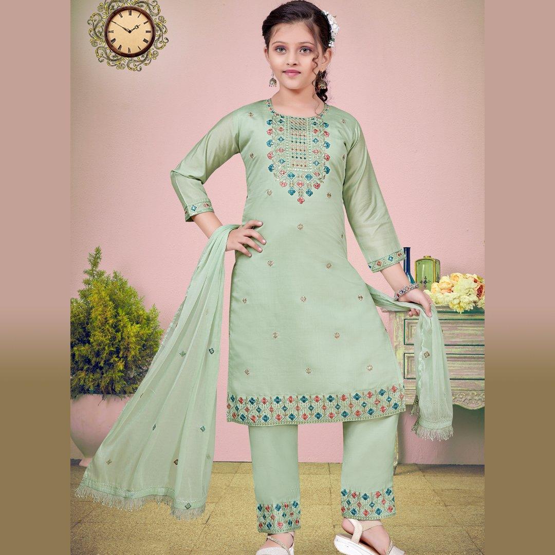 Silk Cotton Pista Green Salwar Suit 02 - Kumaran Silks