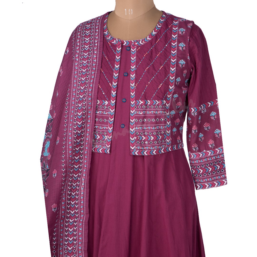 Dark Pink Anarkali Readymade Salwar Suit With Printed Dupatta