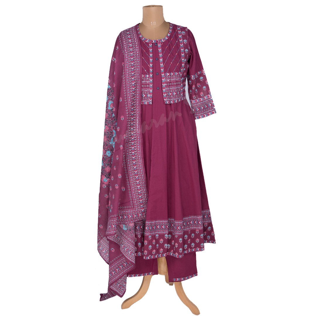 Dark Pink Anarkali Readymade Salwar Suit With Printed Dupatta