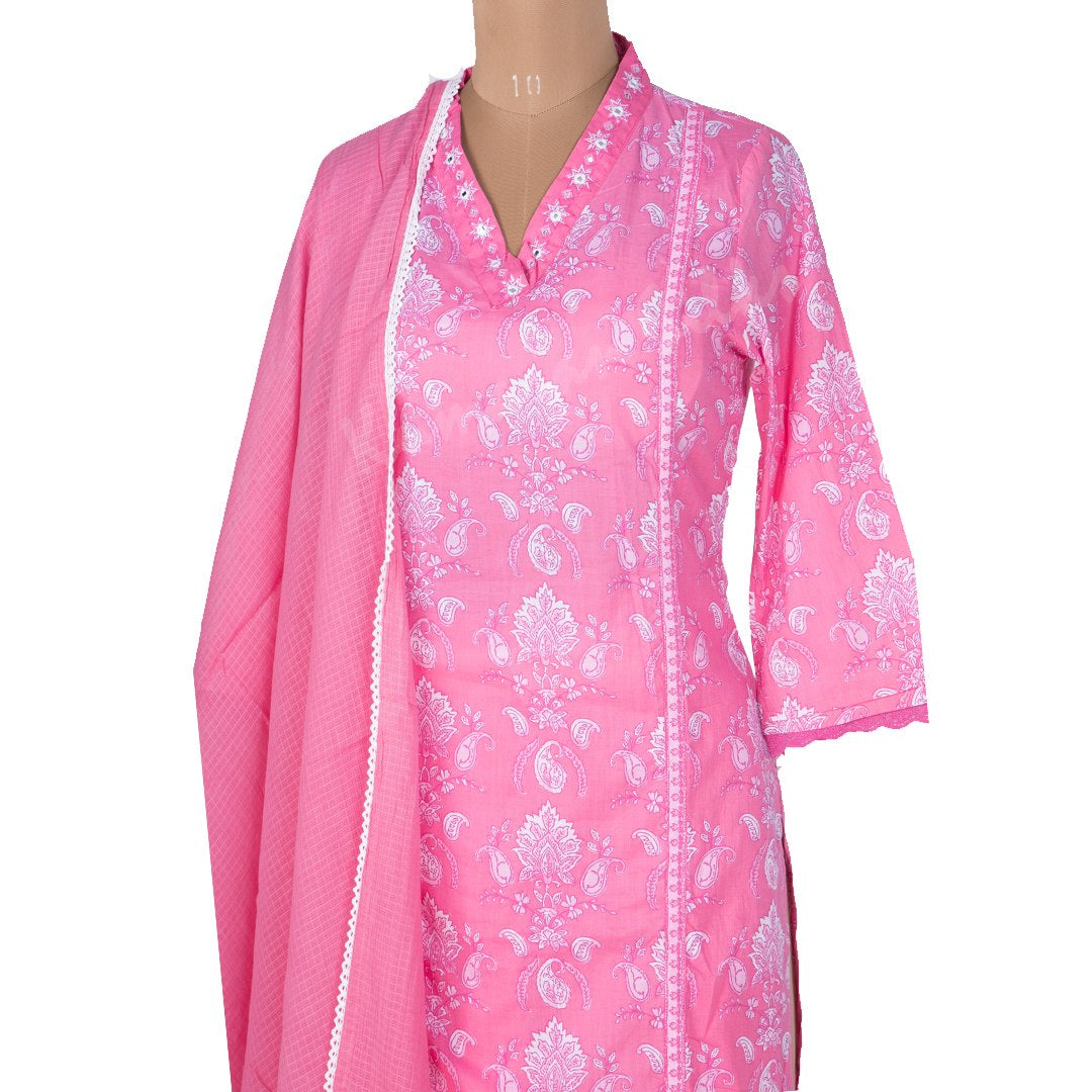 Rose Pink Printed Readymade Salwar Suit With Checked Dupatta