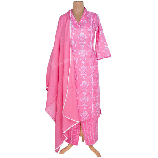 Rose Pink Printed Readymade Salwar Suit With Checked Dupatta