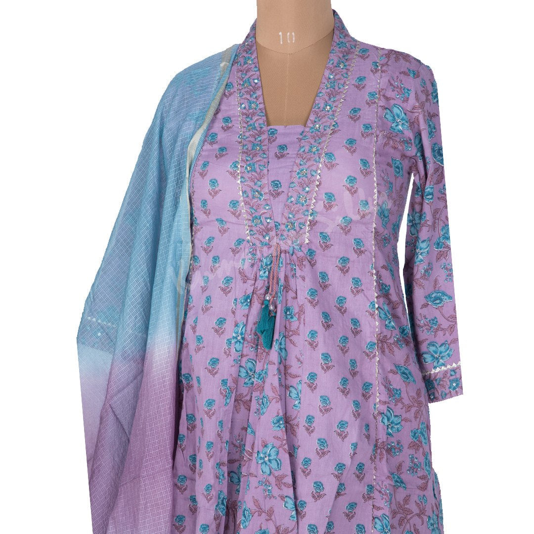 Lavender Printed Readymade Salwar Suit With Checked Dupatta