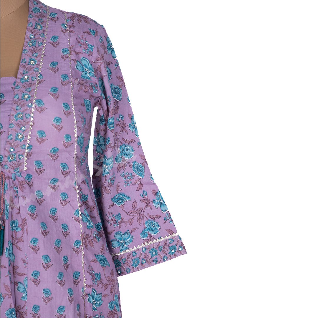 Lavender Printed Readymade Salwar Suit With Checked Dupatta