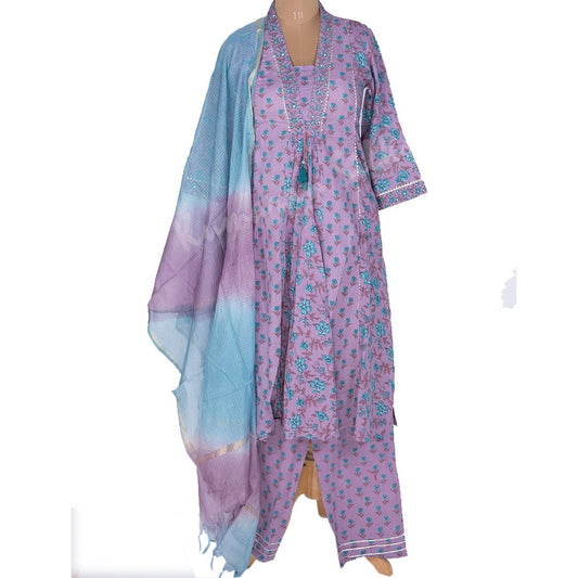 Lavender Printed Readymade Salwar Suit With Checked Dupatta