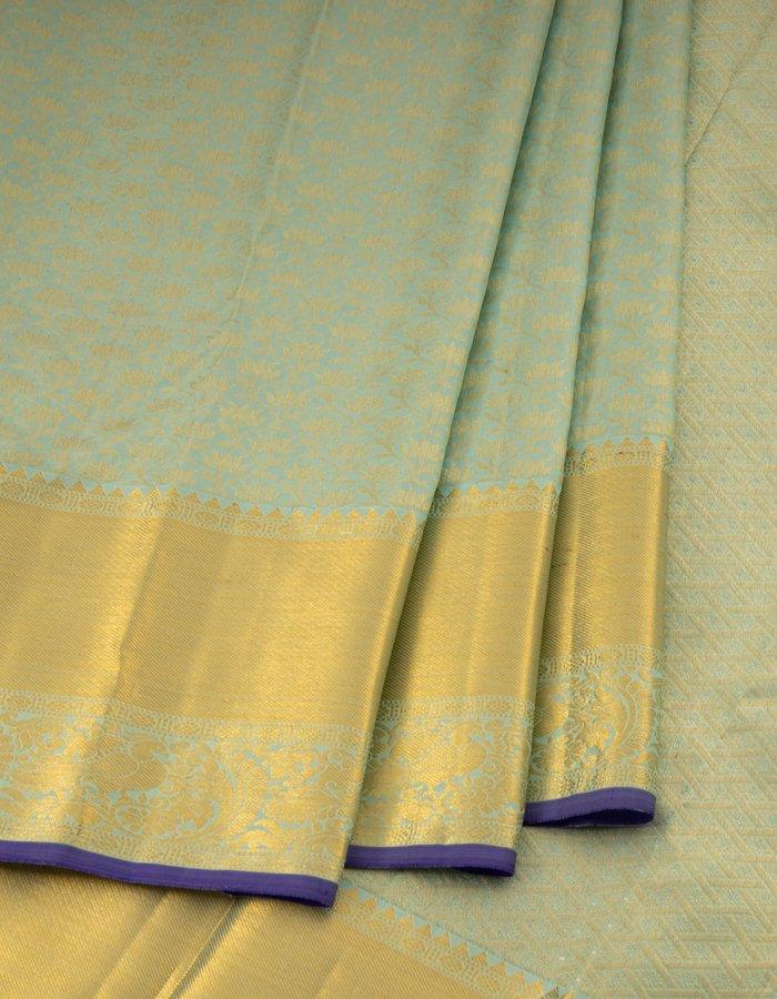 Blue Brocade Silk Saree With Broad Zari Border - Kumaran Silks