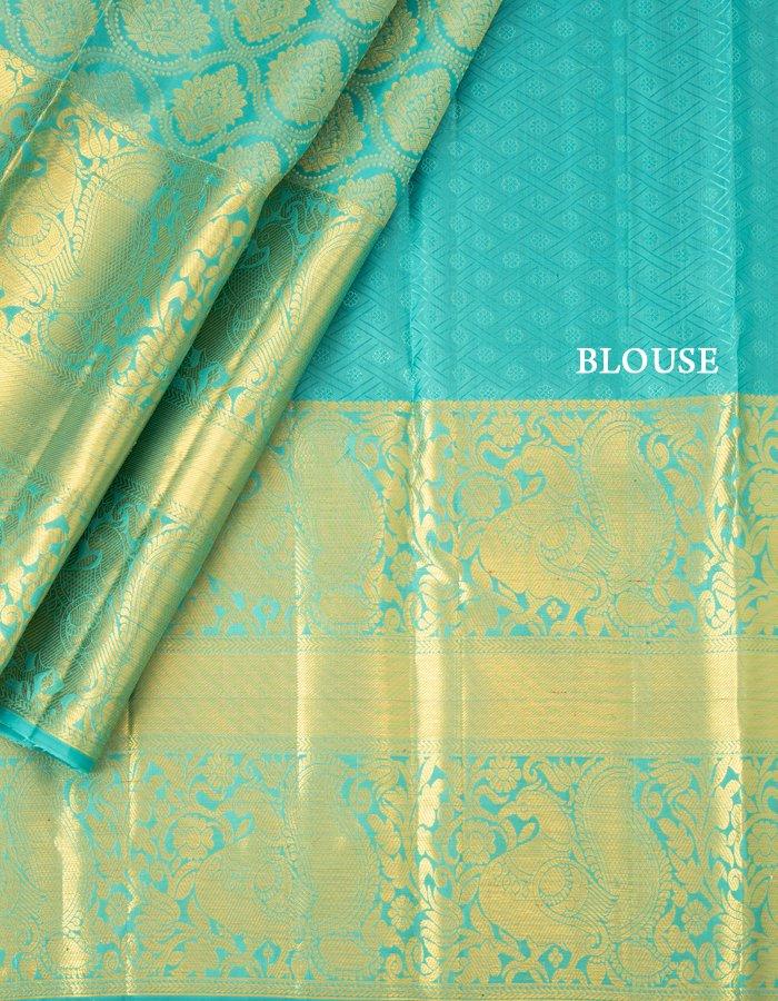 Blue Brocade Silk Saree With Long Zari Border - Kumaran Silks