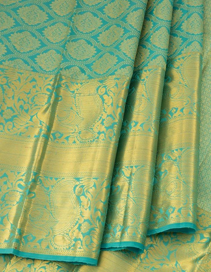 Blue Brocade Silk Saree With Long Zari Border - Kumaran Silks