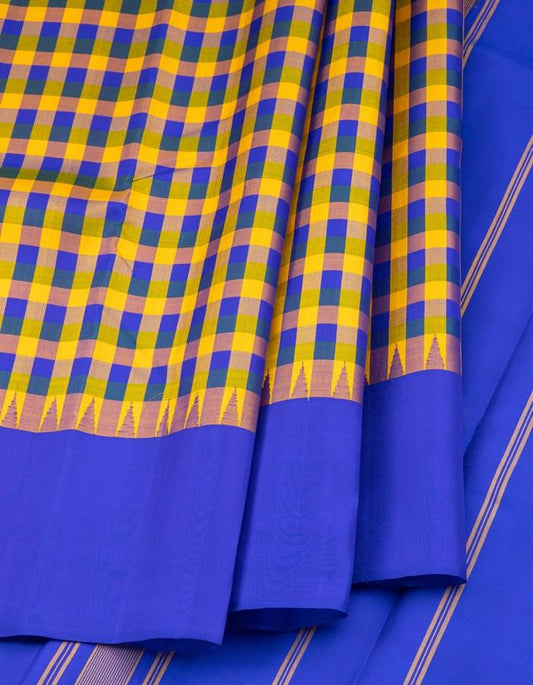 Blue Green And Yellow Checked Silk Saree - Kumaran Silks