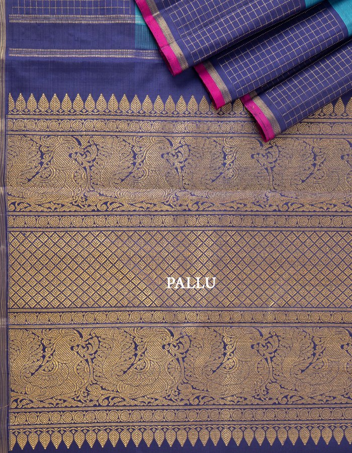 Blue Silk Saree With Zari Buttis And Dark Blue Checked Border - Kumaran Silks