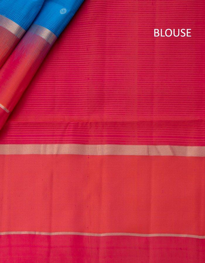 Blue Soft Silk Saree With Coin Zari Buttis And Copper Zari Worked Pink Zig Zag Pallu - Kumaran Silks