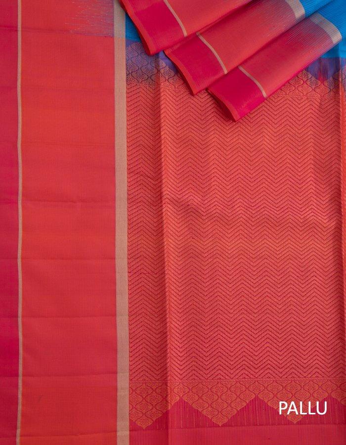 Blue Soft Silk Saree With Coin Zari Buttis And Copper Zari Worked Pink Zig Zag Pallu - Kumaran Silks