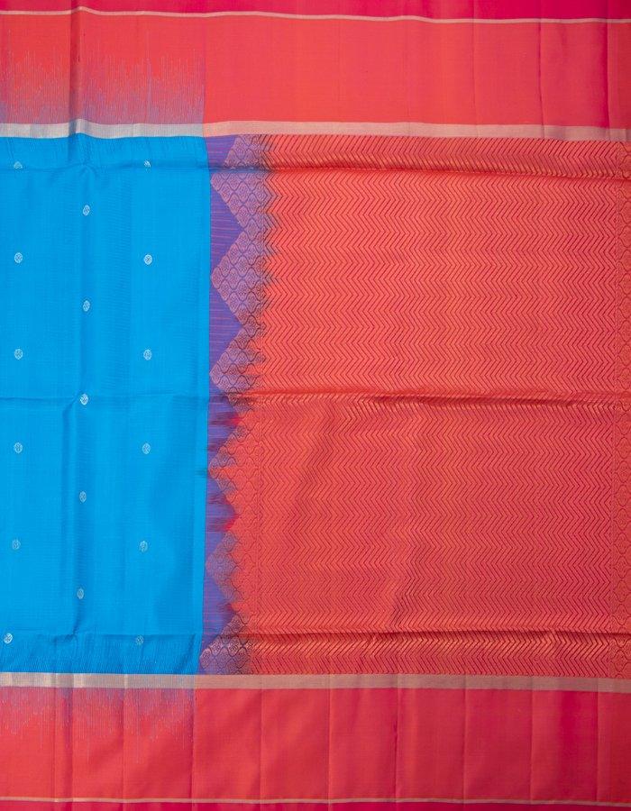 Blue Soft Silk Saree With Coin Zari Buttis And Copper Zari Worked Pink Zig Zag Pallu - Kumaran Silks