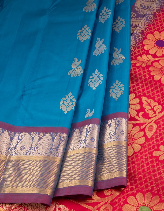 Blue Soft Silk Saree With Floral And Peacock Motifs In Silver Zari - Kumaran Silks