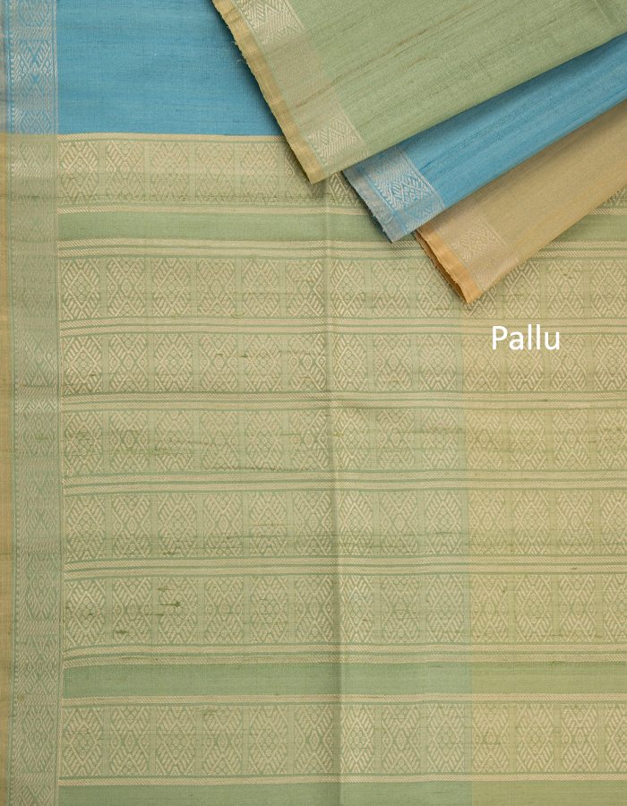 Blue green and beige striped raw silk saree - Kumaran Silks