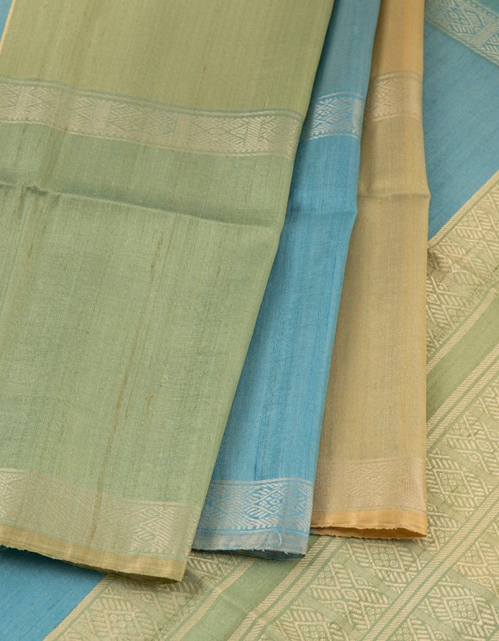 Blue green and beige striped raw silk saree - Kumaran Silks