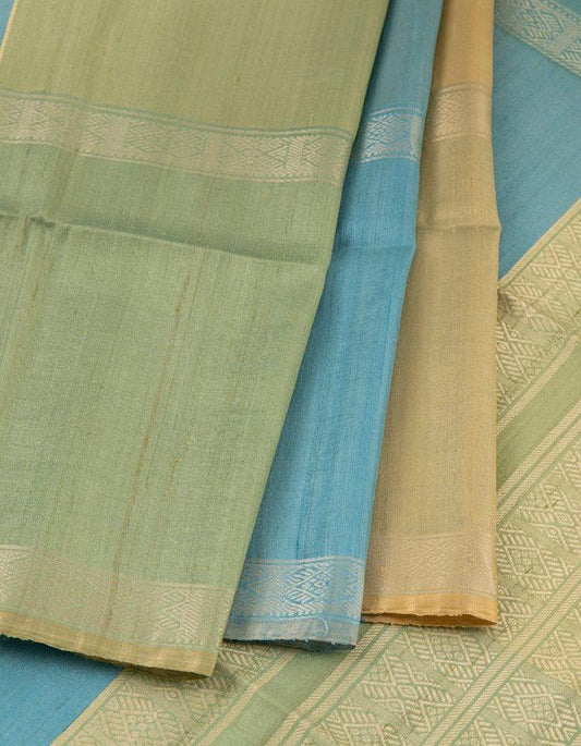 Blue green and beige striped raw silk saree - Kumaran Silks