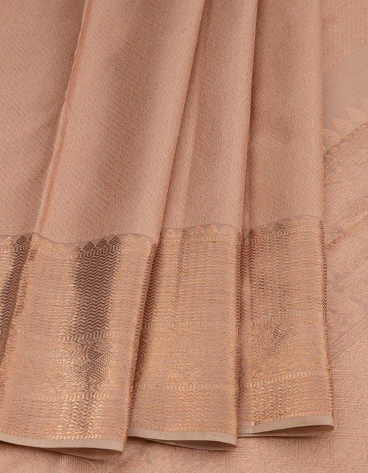 Cream Diagonally Striped Silk Saree With Copper Zari Border - Kumaran Silks