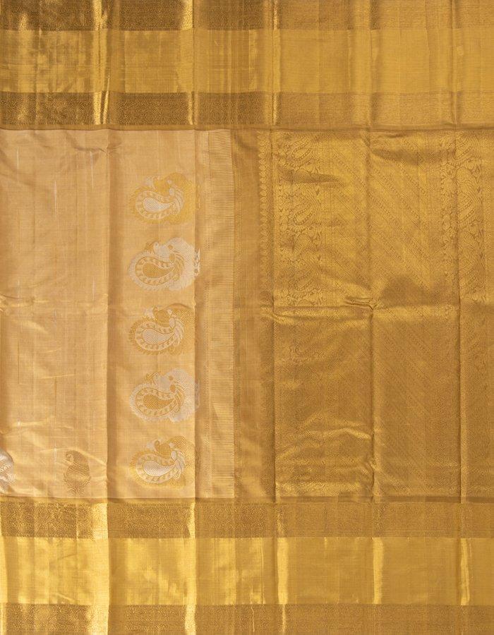 Gold Beige Silk Saree With Silver Malli Moggu And Paisley Patterns In Silver Zari - Kumaran Silks