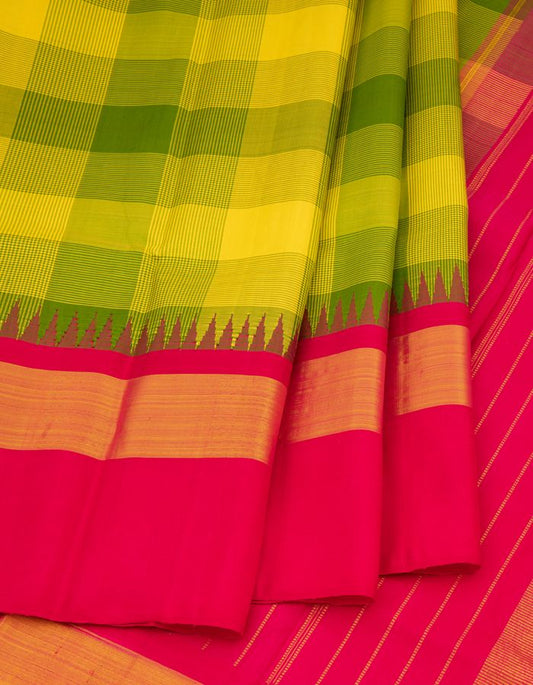 Green And Yellow Checked Silk Saree With Dark Pink Temple Border - Kumaran Silks