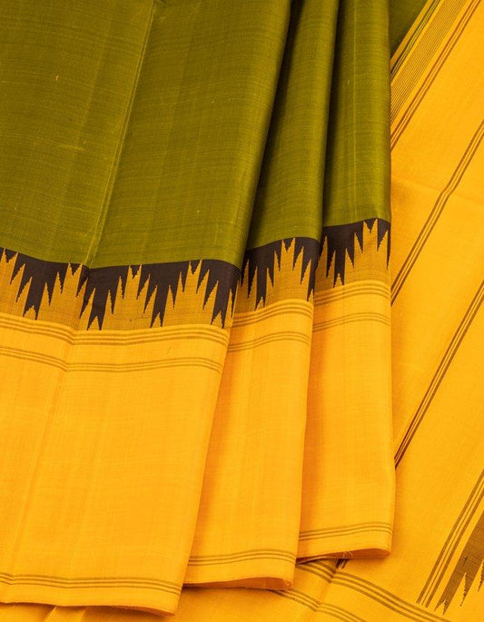 Green Silk Saree With Yellow And Black Thalampoo Reku Border - Kumaran Silks