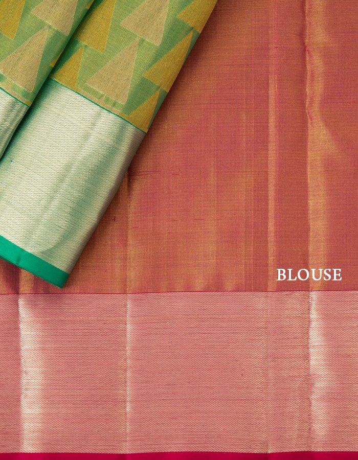 Green Tissue Silk Saree With Triangle Patterns In Gold And Silver Zari - Kumaran Silks