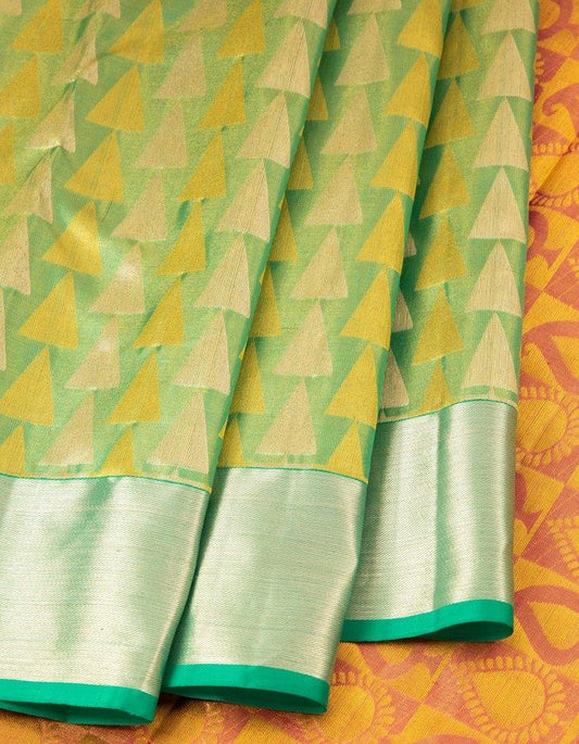 Green Tissue Silk Saree With Triangle Patterns In Gold And Silver Zari - Kumaran Silks