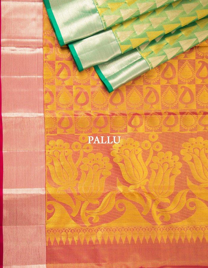 Green Tissue Silk Saree With Triangle Patterns In Gold And Silver Zari - Kumaran Silks