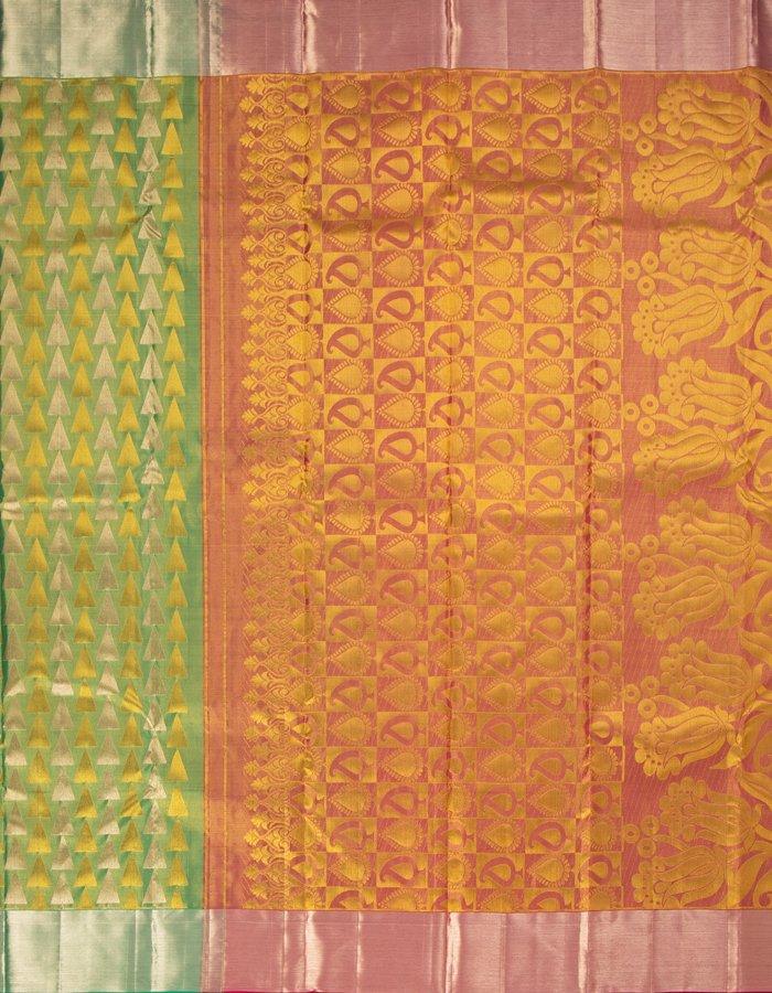 Green Tissue Silk Saree With Triangle Patterns In Gold And Silver Zari - Kumaran Silks