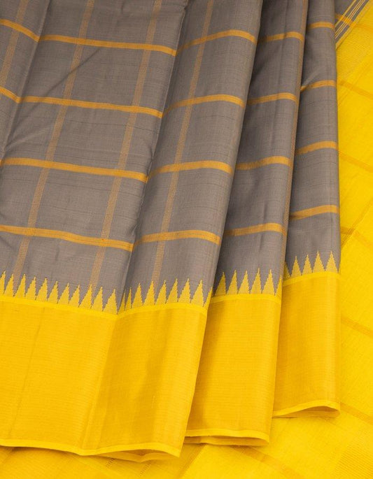 Grey Checked Silk Saree With Yellow Temple Border - Kumaran Silks