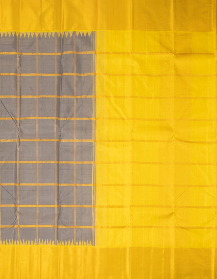 Grey Checked Silk Saree With Yellow Temple Border - Kumaran Silks