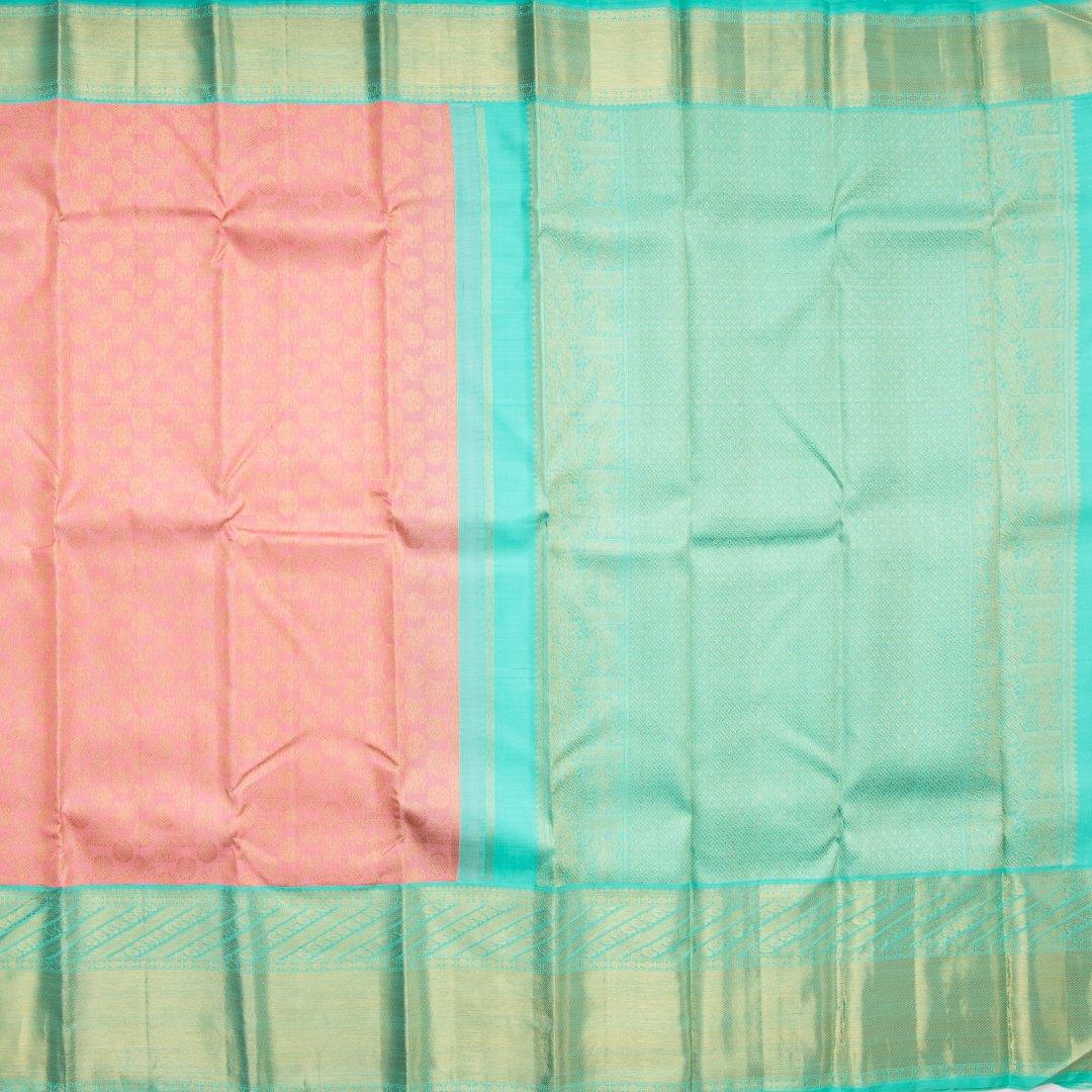 Light Pink Silk Saree With Horse And Chakra Motifs On The Body And Aqua Blue Border - Kumaran Silks