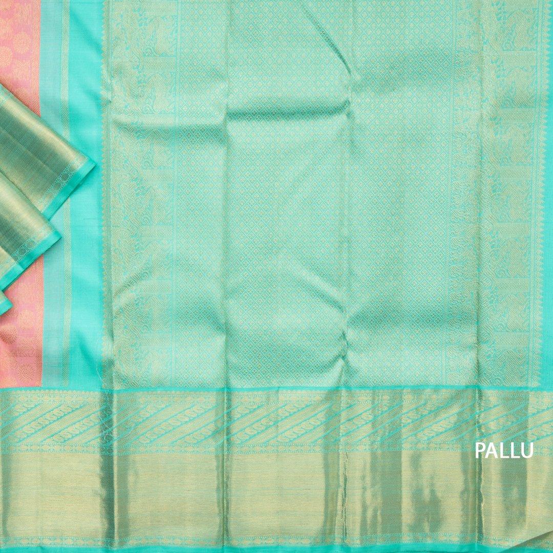 Light Pink Silk Saree With Horse And Chakra Motifs On The Body And Aqua Blue Border - Kumaran Silks