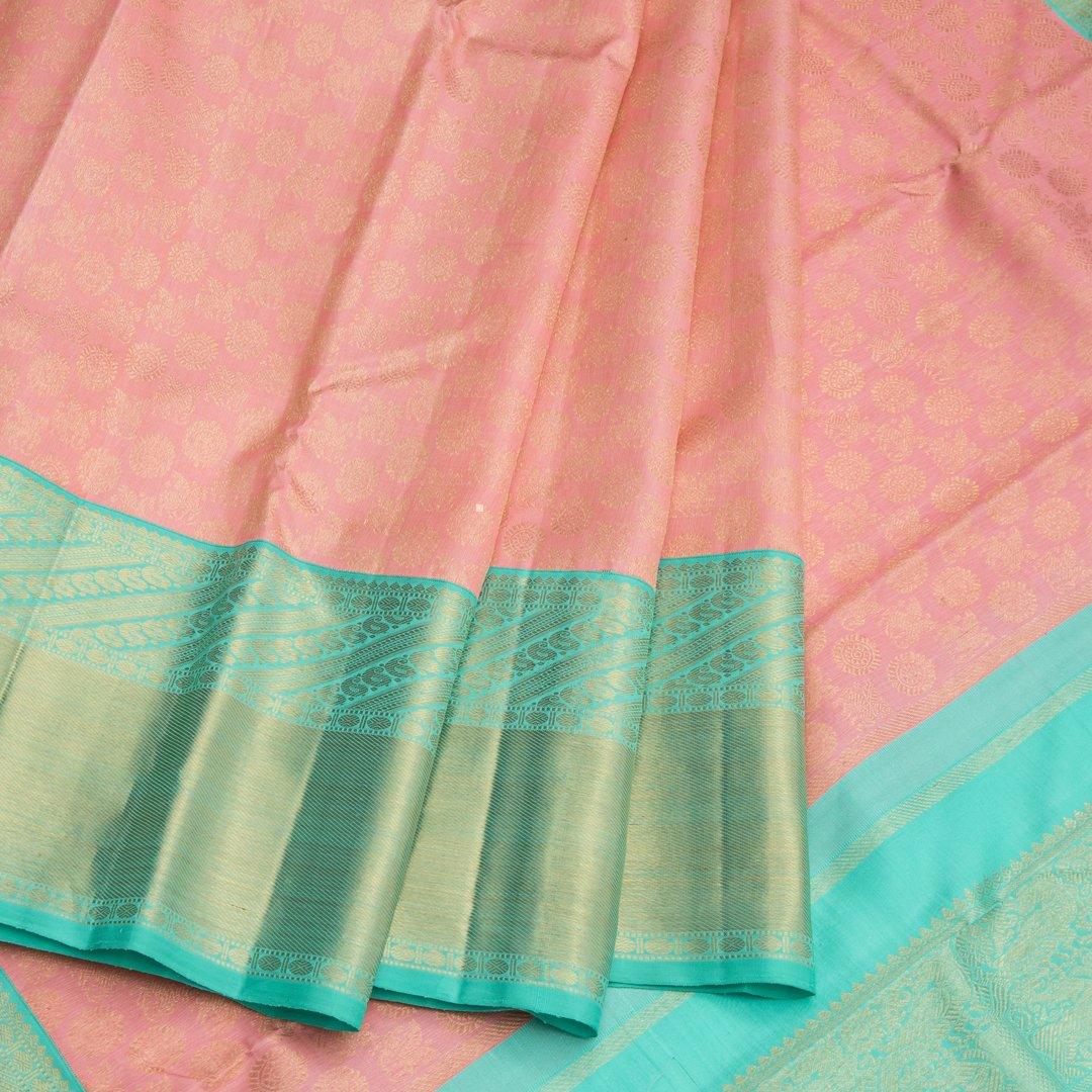 Light Pink Silk Saree With Horse And Chakra Motifs On The Body And Aqua Blue Border - Kumaran Silks