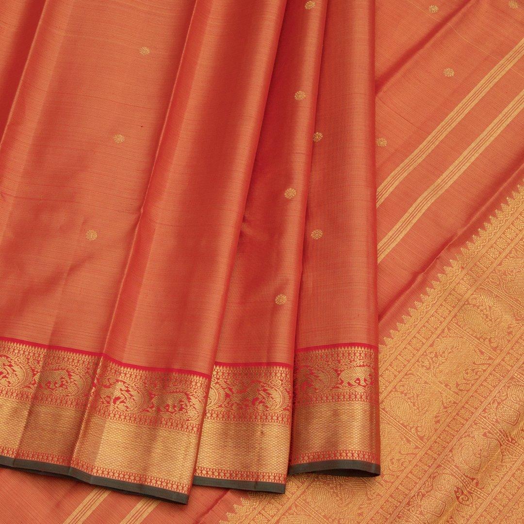 Dark Orange Silk Saree With Small Buttas On The Body And Animal Motif On The Pallu And Border - Kumaran Silks