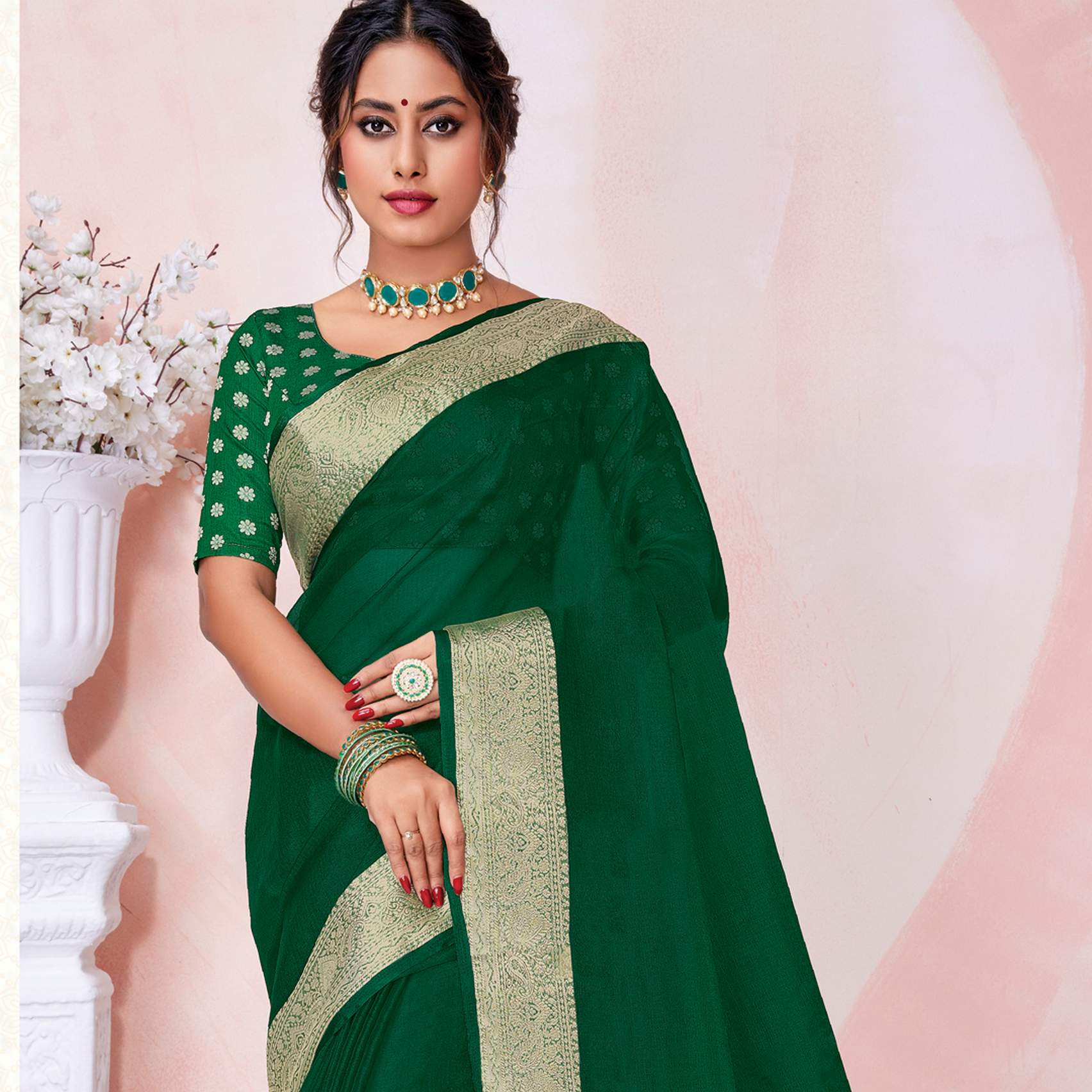 Wedding Wear Dark Green Embroidered Border Chiffon Silk Saree - VJV Now -  India