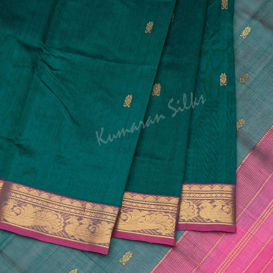 Amirthavarshni Peacock Green Silk Cotton Saree With Pink Border - Kumaran Silks