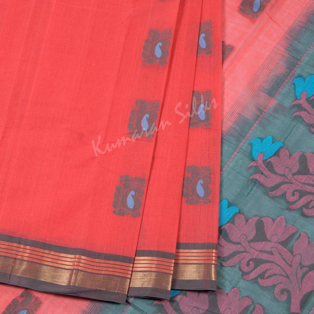 Kanchi Cotton Dark Peach Embossed Saree Mango Buttas On The Body With Contrast Border - Kumaran Silks