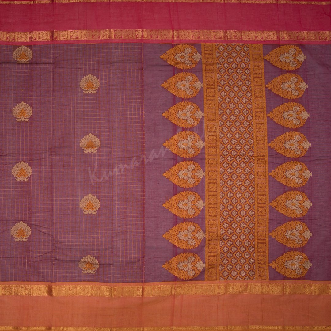 Cream Kanchi Cotton Saree with leaf buttas, contrast border & intricate  pallu of argyle design