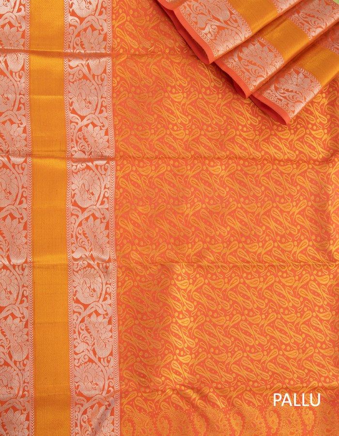 Light Green Self Designed Silk Saree With Orange Border And Gold And Silver Zari Work - Kumaran Silks