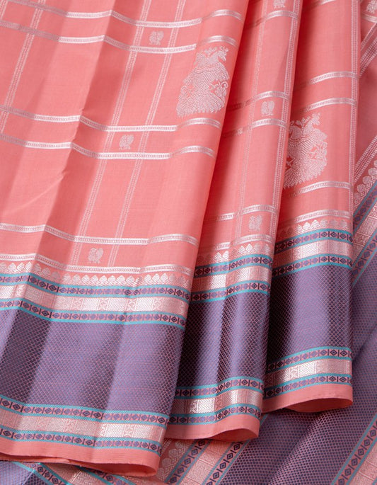 Light Pink Silk Saree With Silver Zari Checks And Thread Border - Kumaran Silks