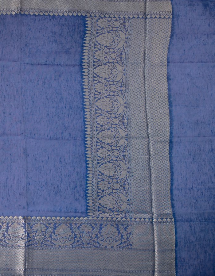 Navy Blue Linen Banarsi Saree With Floral Based Zari Border Kumaran Silks