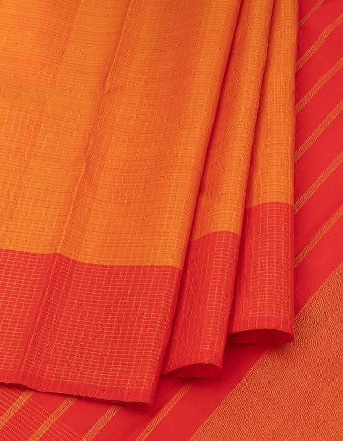 Orange Checked Silk Saree With Checked Red Border - Kumaran Silks