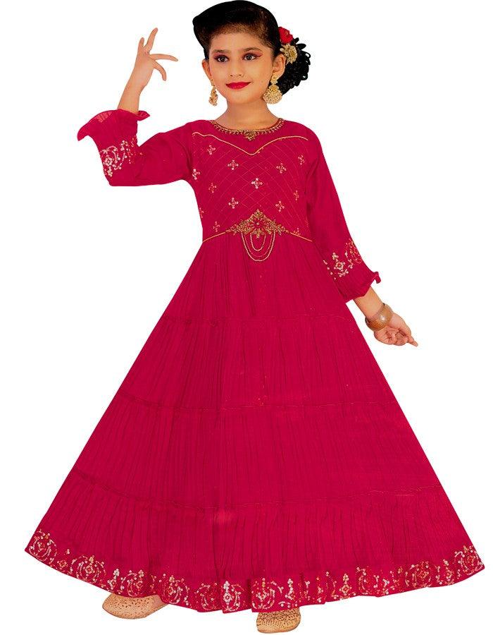 Semi Raw Silk Dark Pink Long Frock - Kumaran Silks