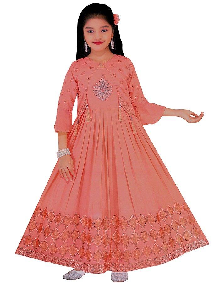 Georgette Peach Long Frocks - Kumaran Silks