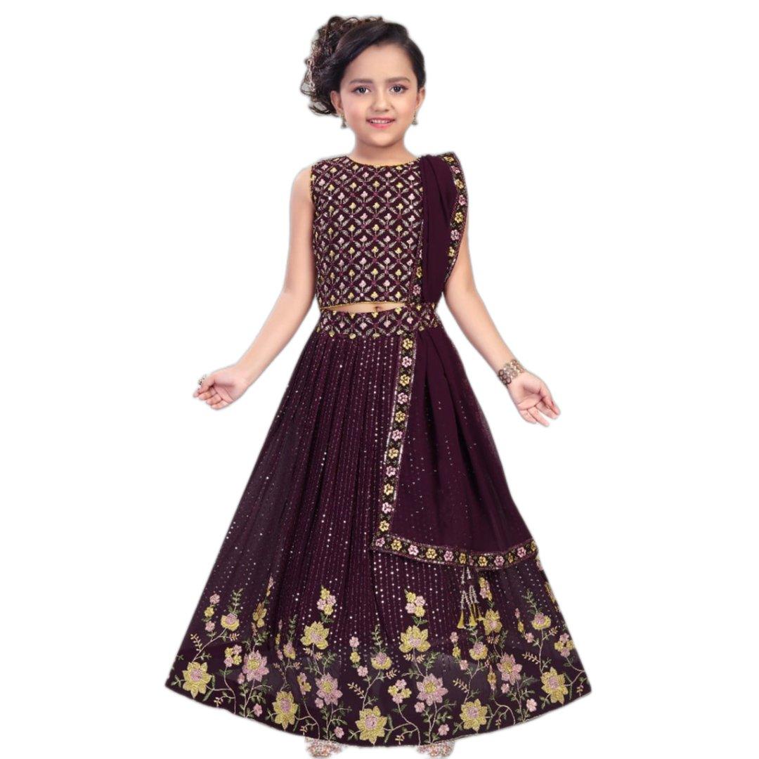 Georgette Embroidered Wine Lehanga Choli - Kumaran Silks