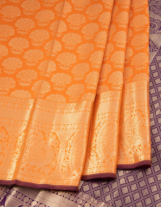 Peach Brocade Silk Saree With Silver Zari Work - Kumaran Silks