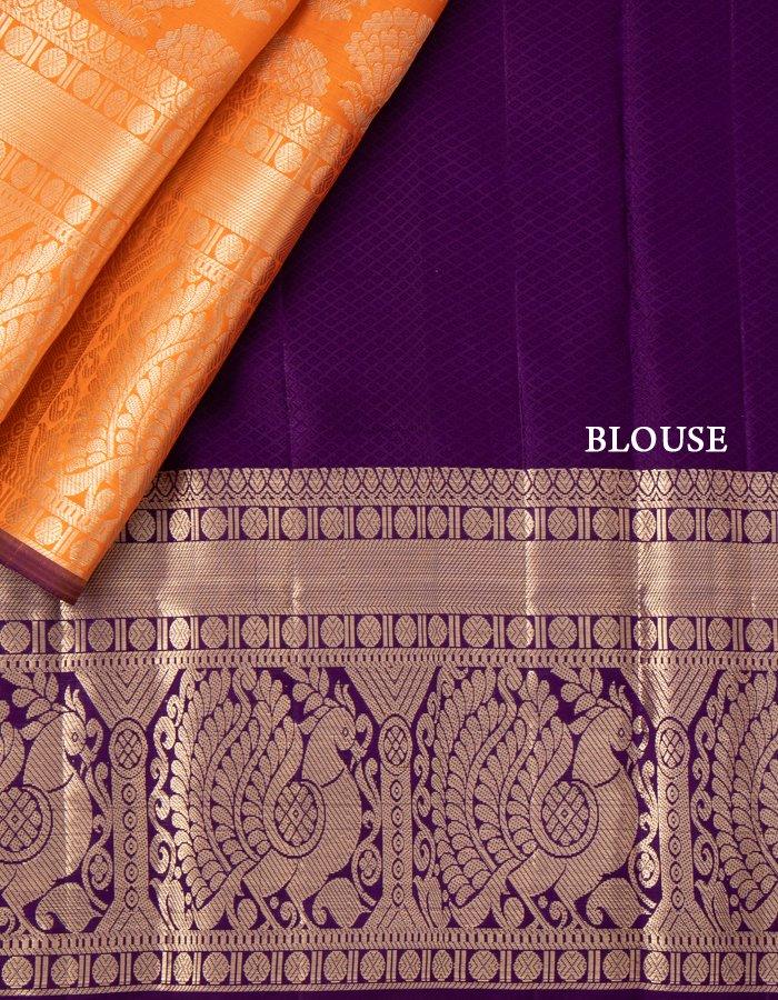 Peach Brocade Silk Saree With Silver Zari Work - Kumaran Silks